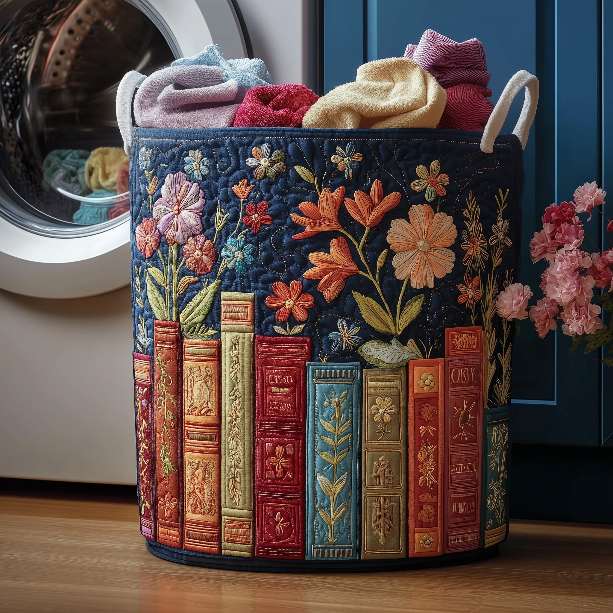 Floral Bookshelf Quilted Laundry Basket Book Lover Hamper Cute Gift