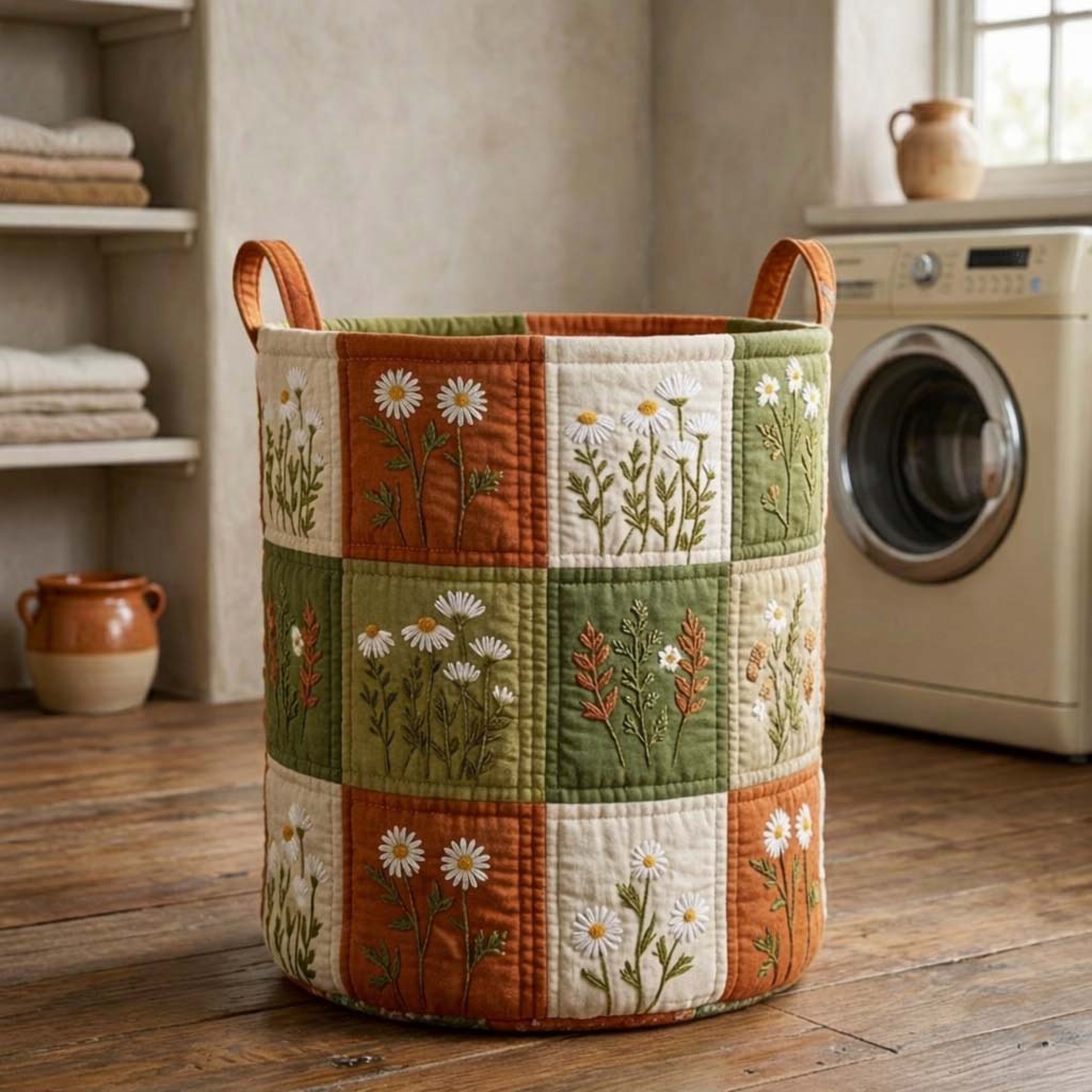 Daisy Patchwork Quilted Laundry Basket Botanical Floral Hamper Soft Cozy Home Decor For Her