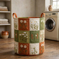 Daisy Patchwork Quilted Laundry Basket Botanical Floral Hamper Soft Cozy Home Decor For Her