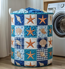 Coastal Seashell Stars Quilted Laundry Basket Seashell Starfish Hamper Decor Gift