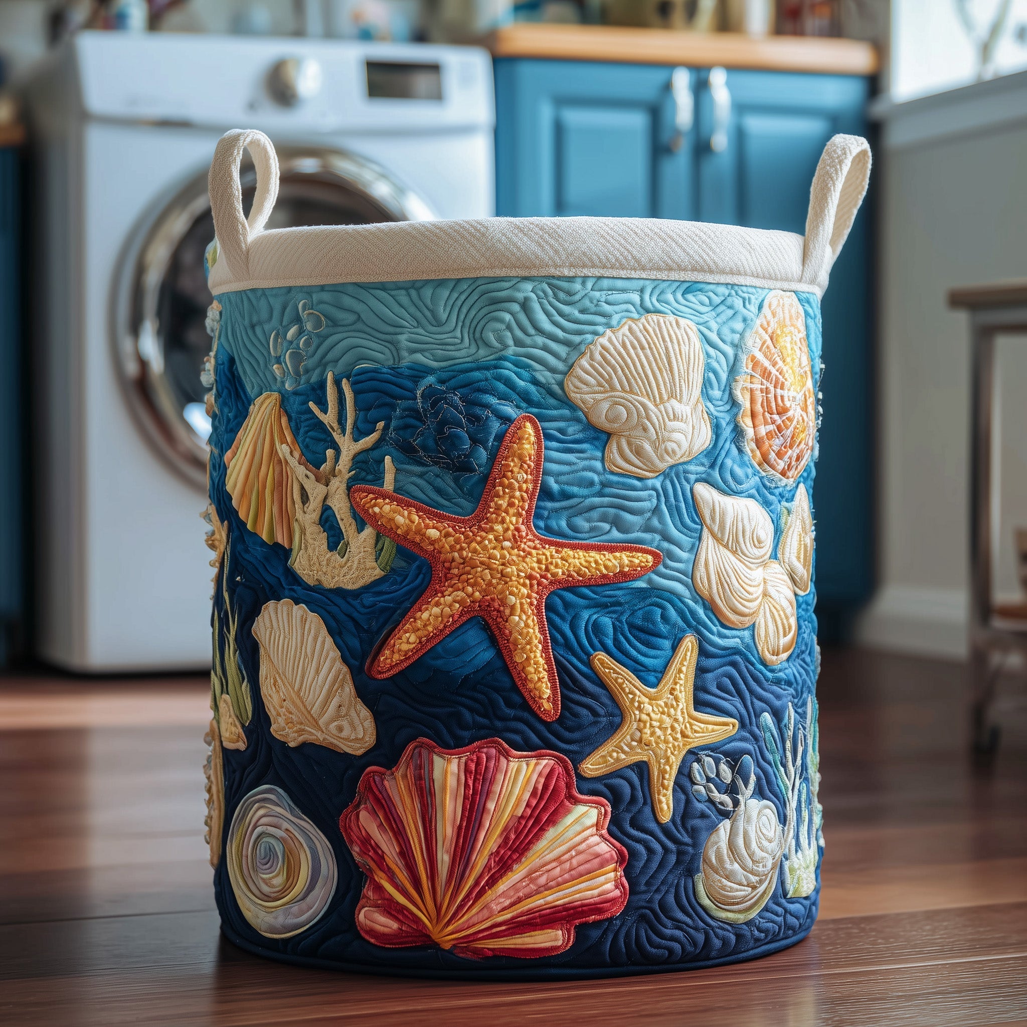 Oceanic Shells Quilted Laundry Basket Seashell Starfish Clothes Hamper Gift For Cozy Spaces