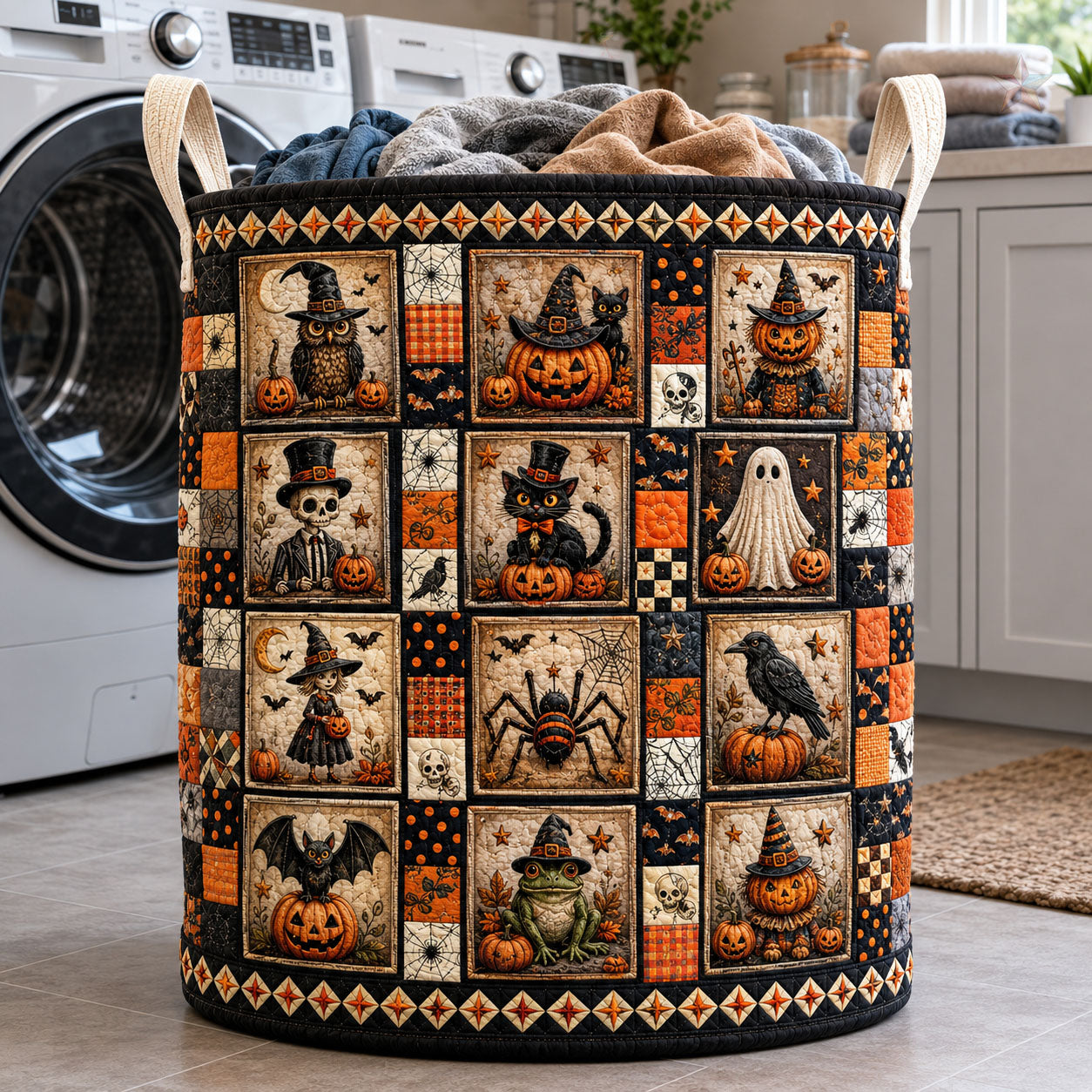 Halloween Patchwork Quilted Laundry Basket Spooky Night Laundry Bin Room Gift