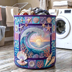 Ocean Sunset Wave Quilted Laundry Basket Seashell Wave Laundry Bin Best Housewarming Gift Ideas