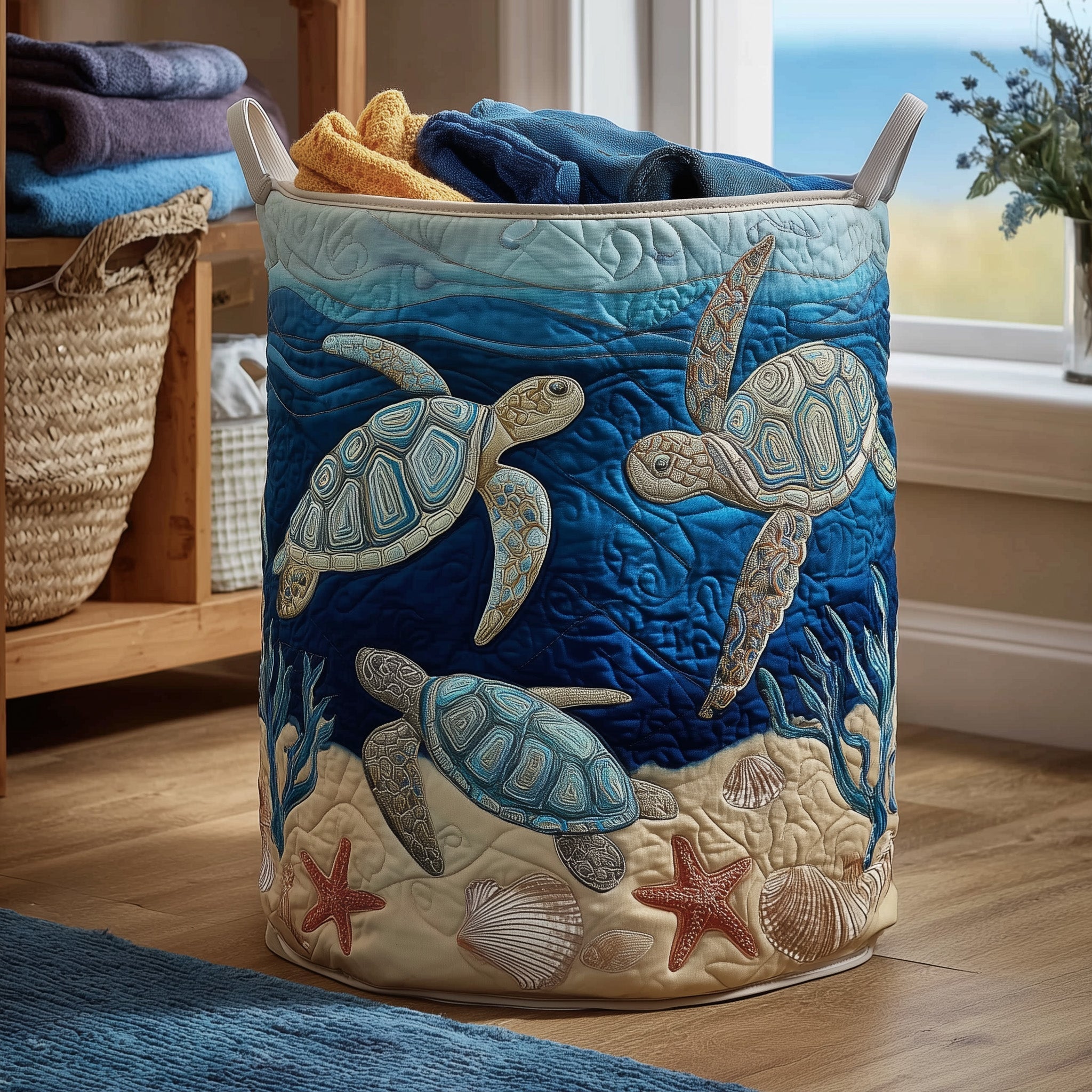 Ocean Turtle Quilted Laundry Basket Turtle Lover Hamper Unique Housewarming Gift Ideas