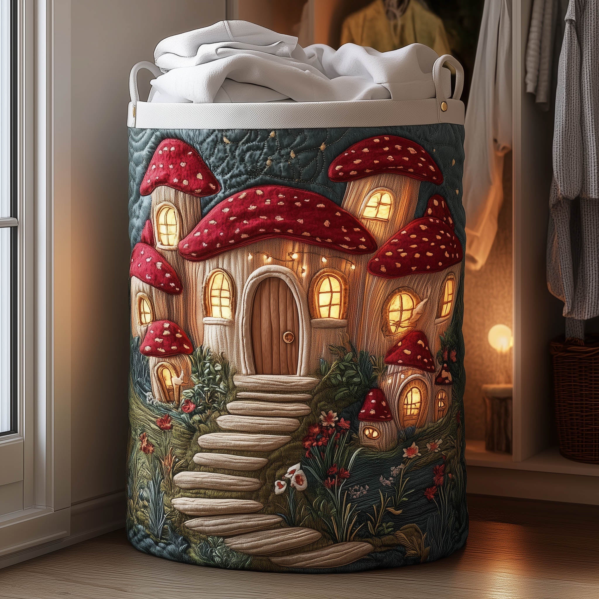 Mushroom Village Quilted Laundry Basket Mushroom Houses Laundry Bin Gift For House Lover