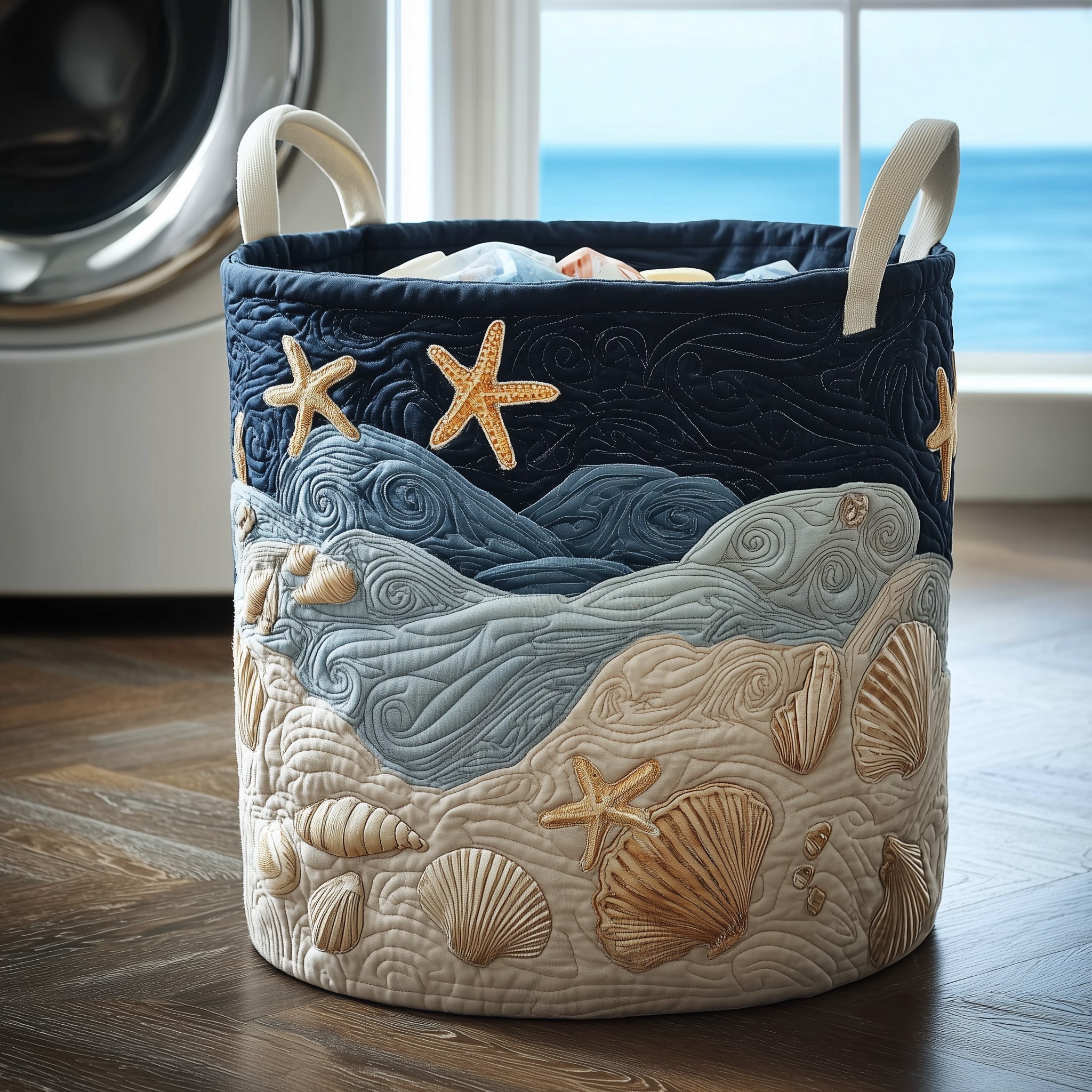 Oceanic Beach Scene Quilted Laundry Basket Seashell Beach Laundry Bin Cozy Home Decor Gifts