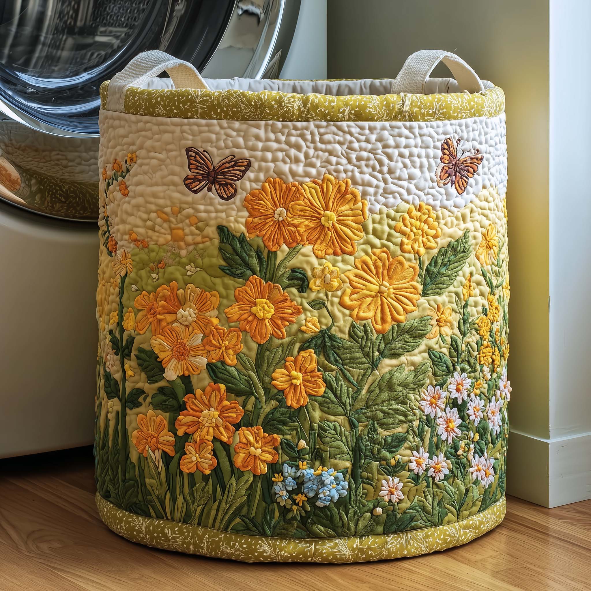 Floral Meadow Quilted Laundry Basket Butterfly Garden Storage Basket Gift For Home Lover