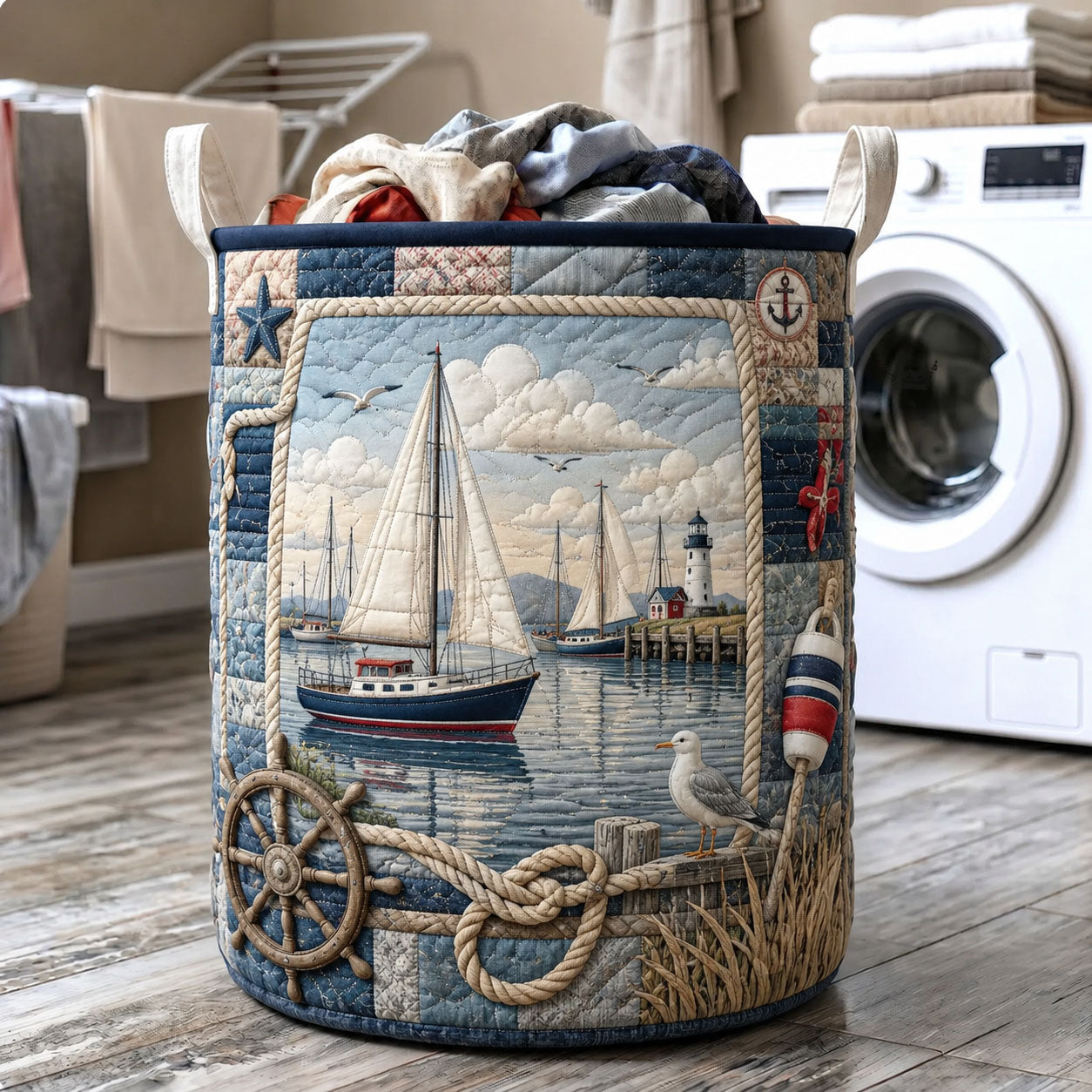 Nautical Sailing Scene Quilted Laundry Basket Sailboat Lighthouse Laundry Hamper Ideas Gift