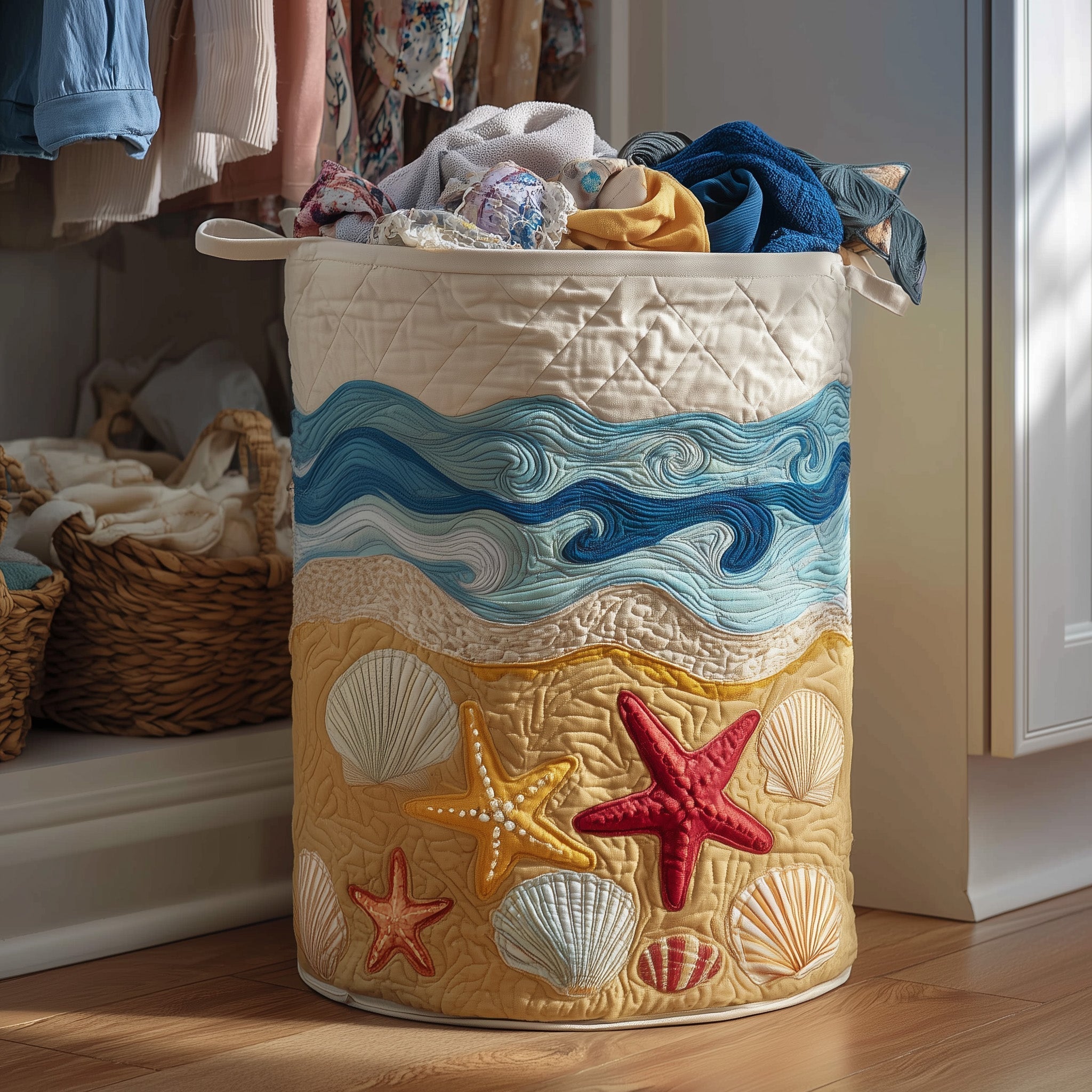 Ocean Beach Quilted Laundry Basket Seashell Starfish Clothes Hamper Cool Gift