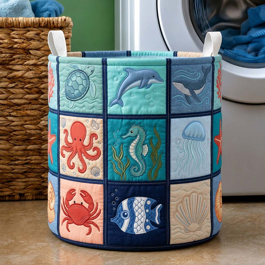 Ocean Wonders Quilted Laundry Basket Coastal Whale Storage Basket Gift For Beach Lover