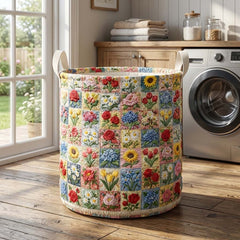 Floral Patchwork Garden Quilted Laundry Basket Floral Sunburst Patchwork Storage Basket