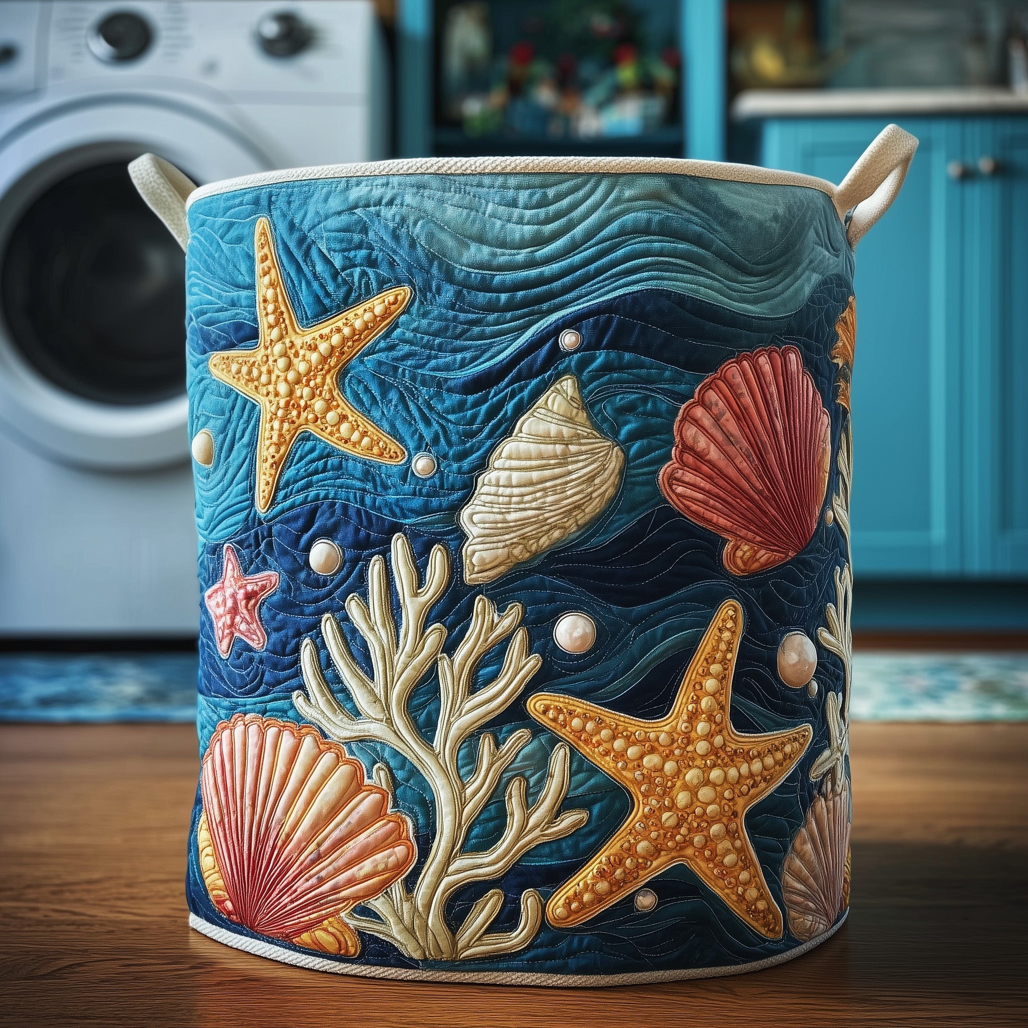 Oceanic Treasures Quilted Laundry Basket Seashell Starfish Laundry Bin Cool Room Decor Gifts