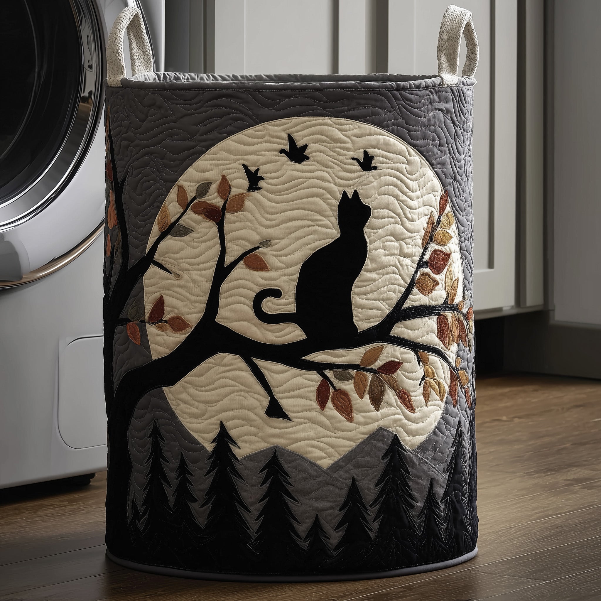Moonlit Cat Silhouette Quilted Laundry Basket Cat Lover Laundry Bin Cute Gift