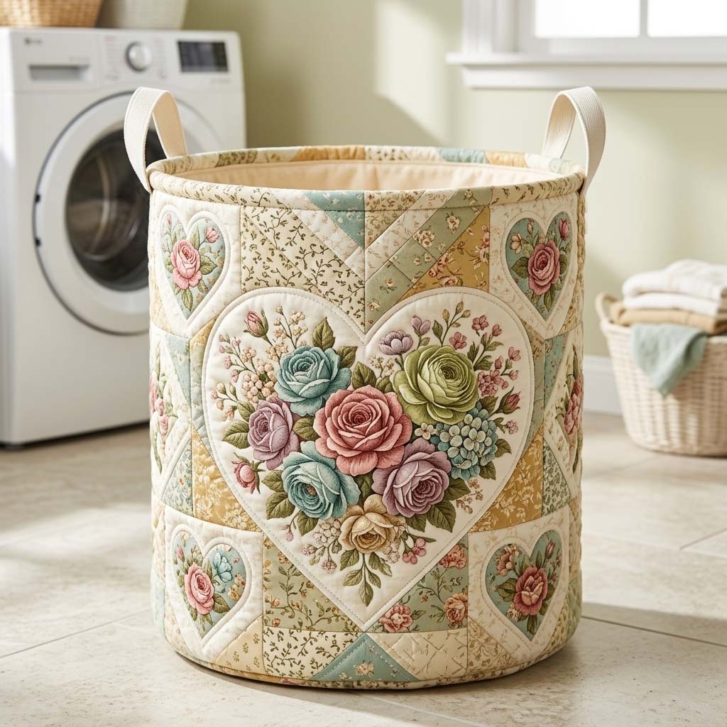 Floral Heart Patchwork Quilted Laundry Basket Wildflowers And Hearts Laundry Hamper Gifts