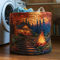 Forest Cabin Glow Quilted Laundry Basket Cabin Bonfire Scene Clothes Hamper Decor Gift