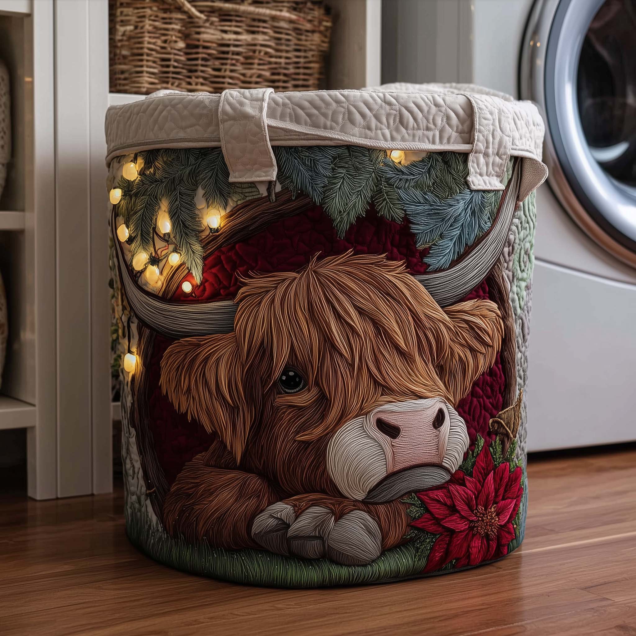 Highland Cow Christmas Quilted Laundry Basket Cow Lover Storage Basket Home Gifts For Grandma