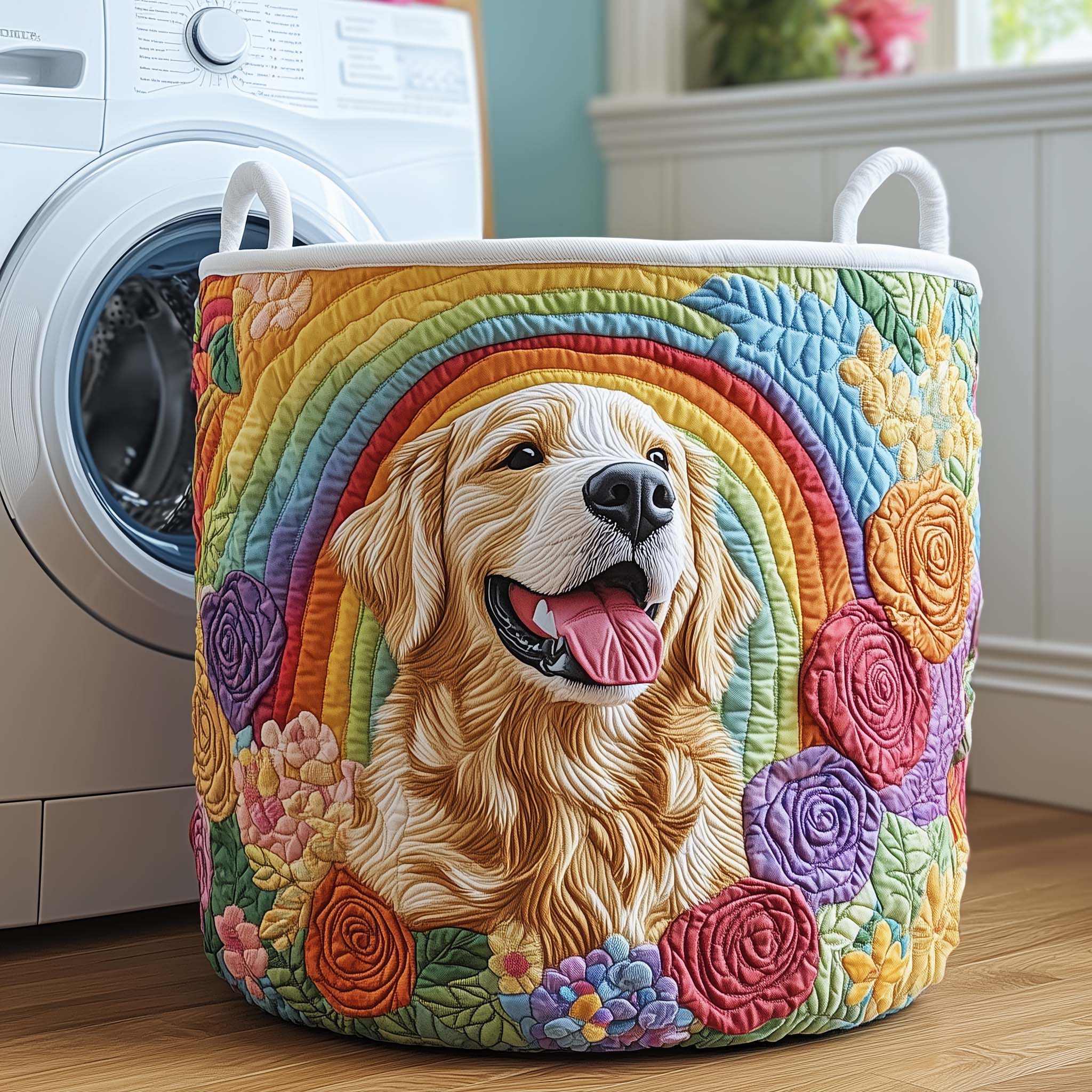 Golden Retriever Rainbow Quilted Laundry Basket Whimsical Dog Lover Clothes Hamper Room Gift