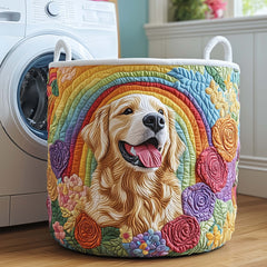 Golden Retriever Rainbow Quilted Laundry Basket Whimsical Dog Lover Clothes Hamper Room Gift