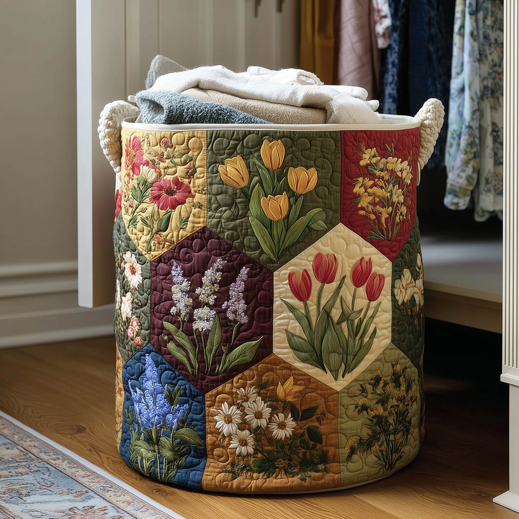 Floral Patchwork Garden Quilted Laundry Basket Floral Patchwork Hamper Top Decor Gift