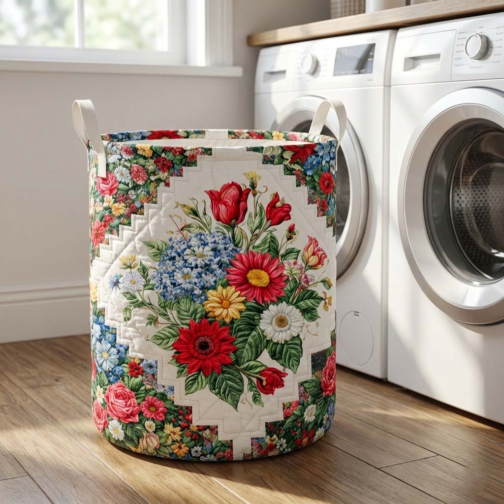 Floral Garden Quilted Laundry Basket Floral Patchwork Storage Basket Home Gifts For Girlfriend