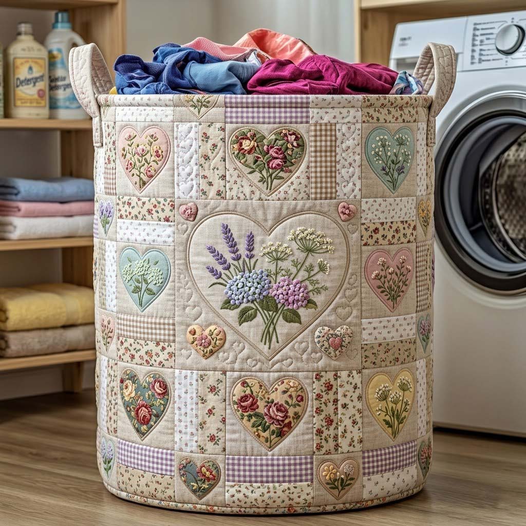 Floral Heart Patchwork Quilted Laundry Basket Floral Hearts Storage Basket Home Decor Gifts