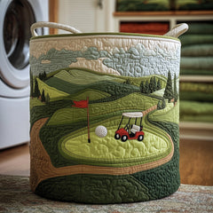 Golf Course Landscape Quilted Laundry Basket Golf Cart And Ball Clothes Hamper Decor Gifts