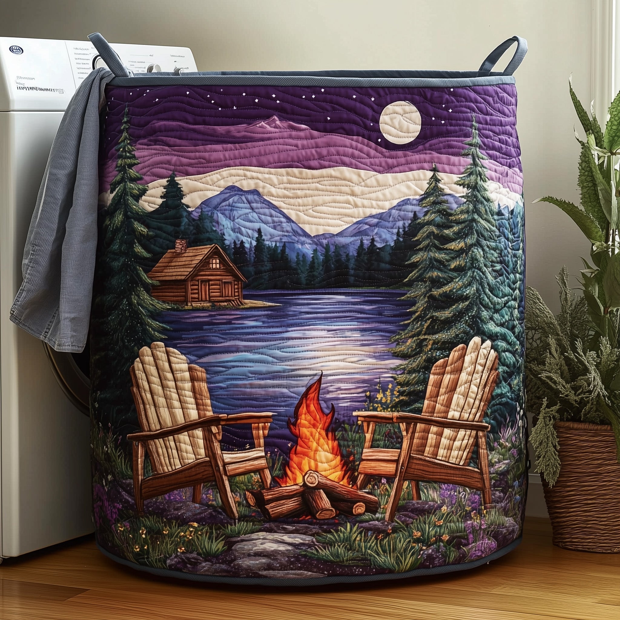 Mountain Lake Campfire Quilted Laundry Basket Cabin Lakeside Laundry Hamper Home Gifts For Mom