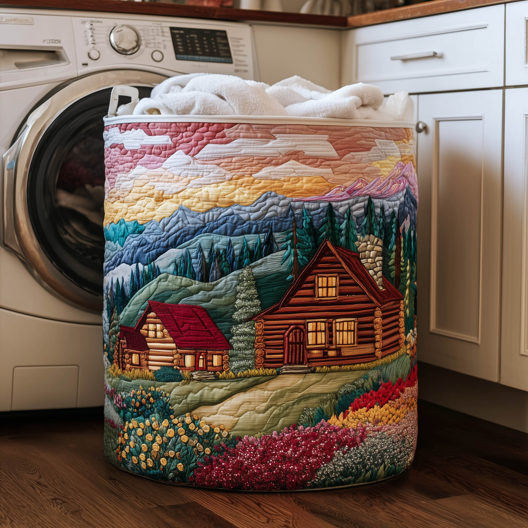 Mountain Cabin Landscape Quilted Laundry Basket Cabin Lands Clothes Hamper Cool Gift