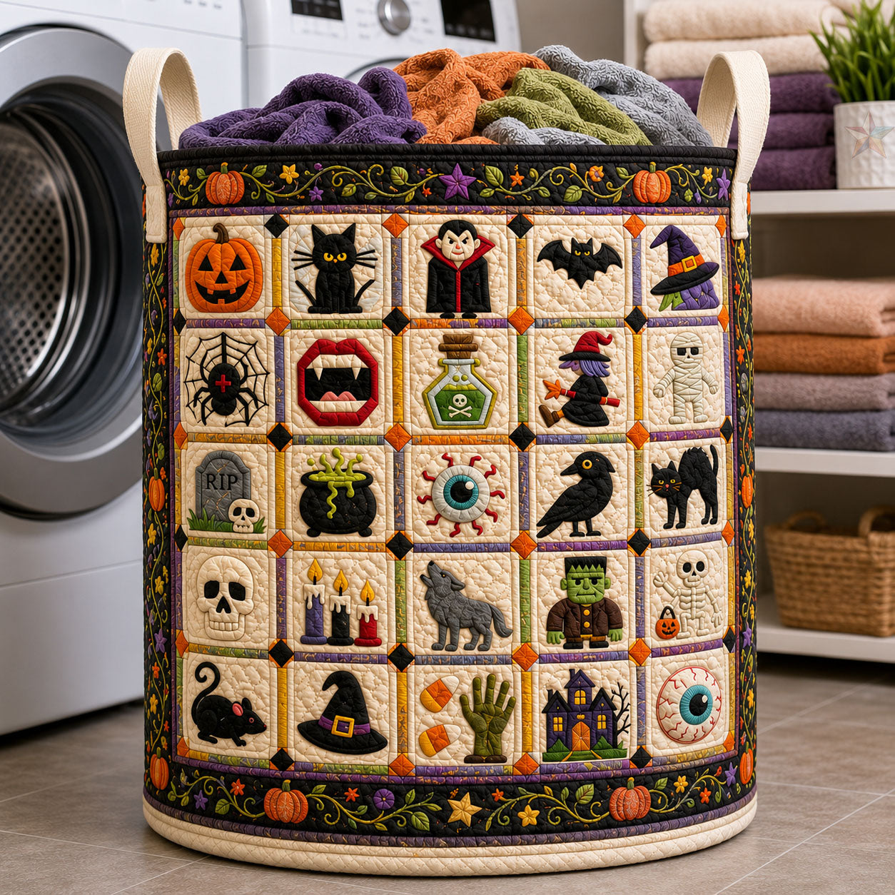 Halloween Patchwork Quilted Laundry Basket Halloween Monsters Clothes Hamper New Home Gift