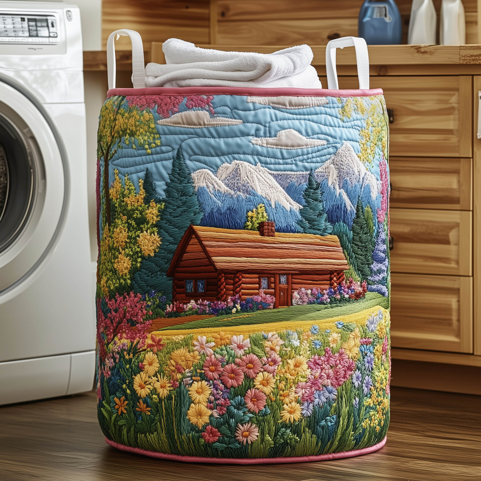 Mountain Cabin Garden Quilted Laundry Basket Cabin Floral Lands Hamper Home Lover Gift Ideas