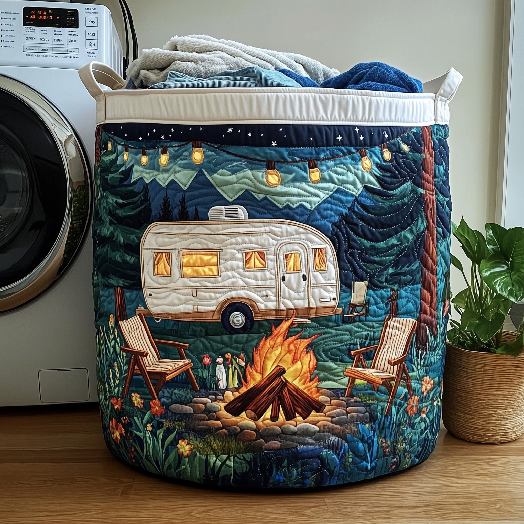 Forest Camper Scene Quilted Laundry Basket Camper Bonfire Hamper Home Decor Gifts For Women