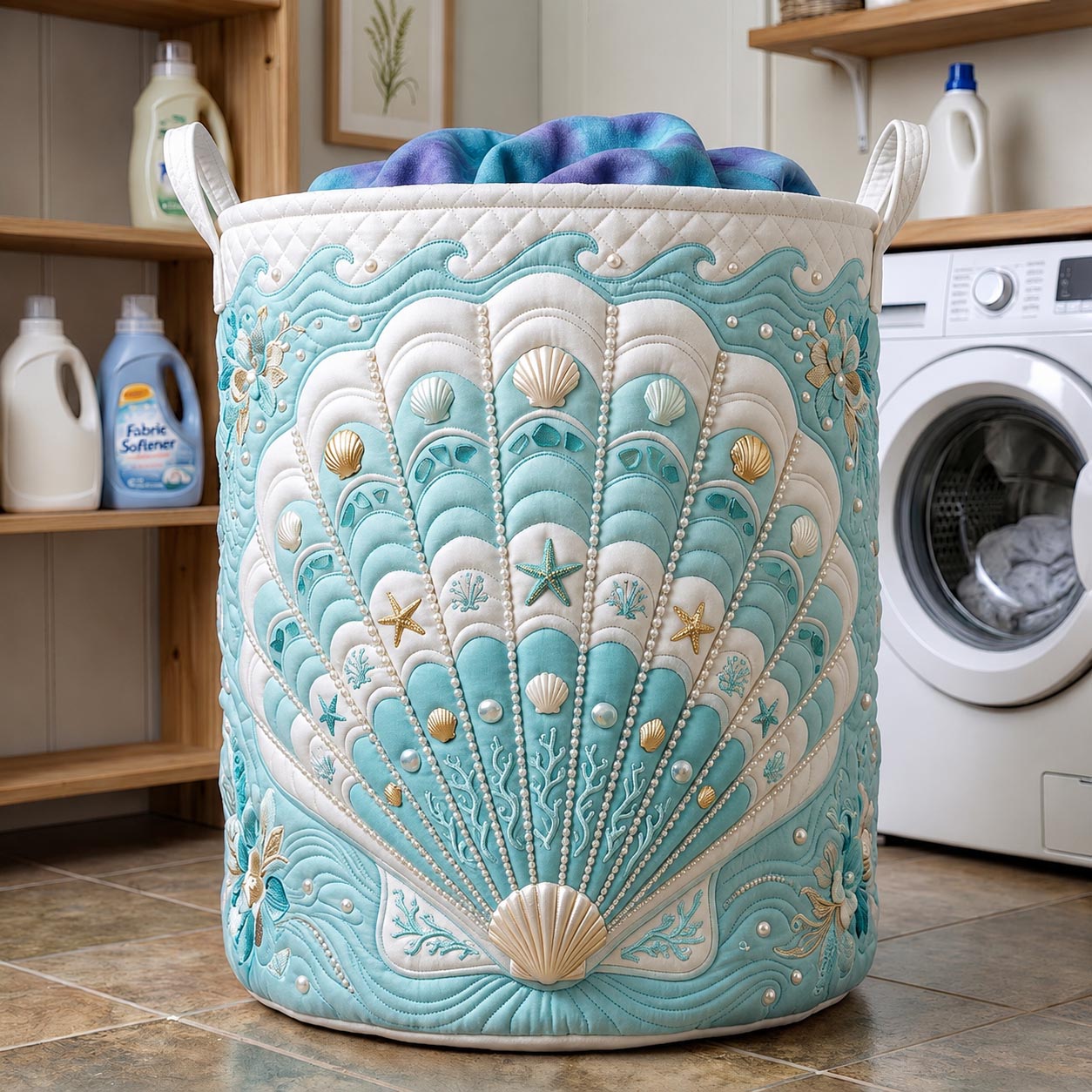 Oceanic Shell Garden Quilted Laundry Basket Seashell Fan Clothes Hamper Great Home Decor Finds