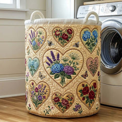 Heart Garden Quilted Laundry Basket Floral Heart Patchwork Clothes Hamper Cozy Home Decor Gifts
