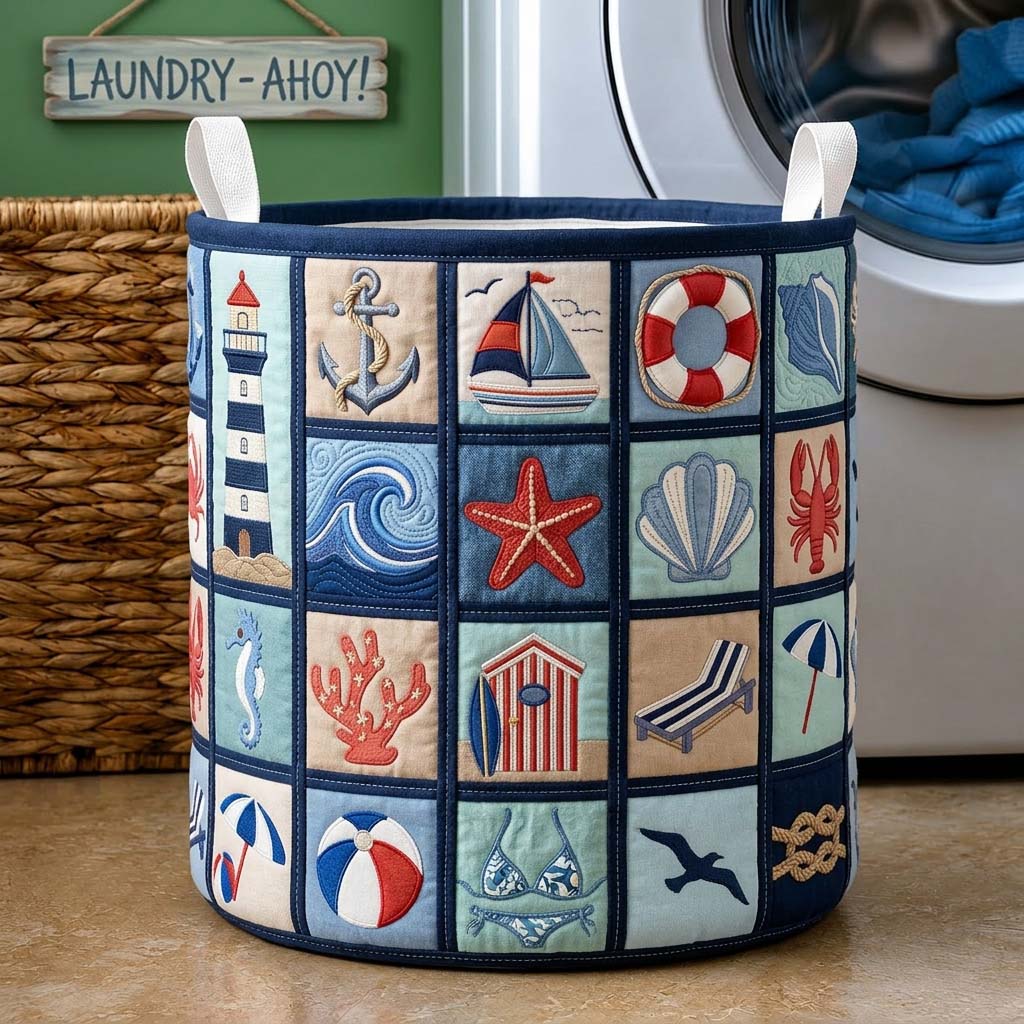 Nautical Journey Quilted Laundry Basket Beach Lover Laundry Bin Gift For Her
