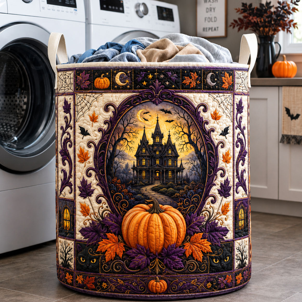 Haunted Halloween Quilted Laundry Basket Haunted House Pumpkin Storage Basket House Gift