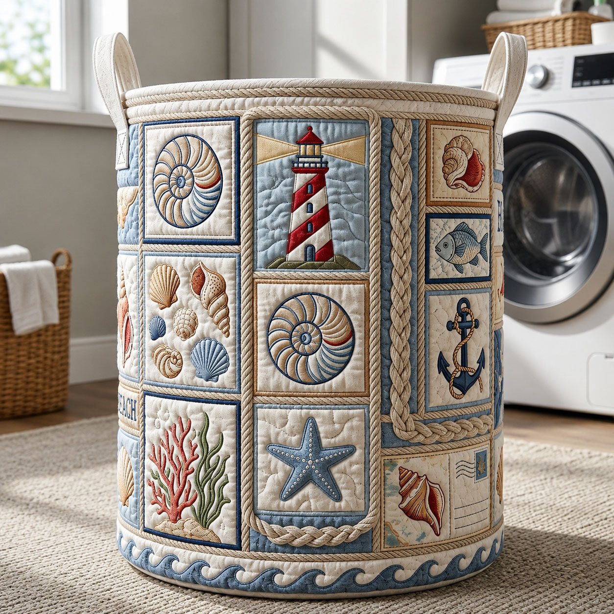 Nautical Beach Quilted Laundry Basket Lighthouse And Shells Laundry Hamper Room Gift