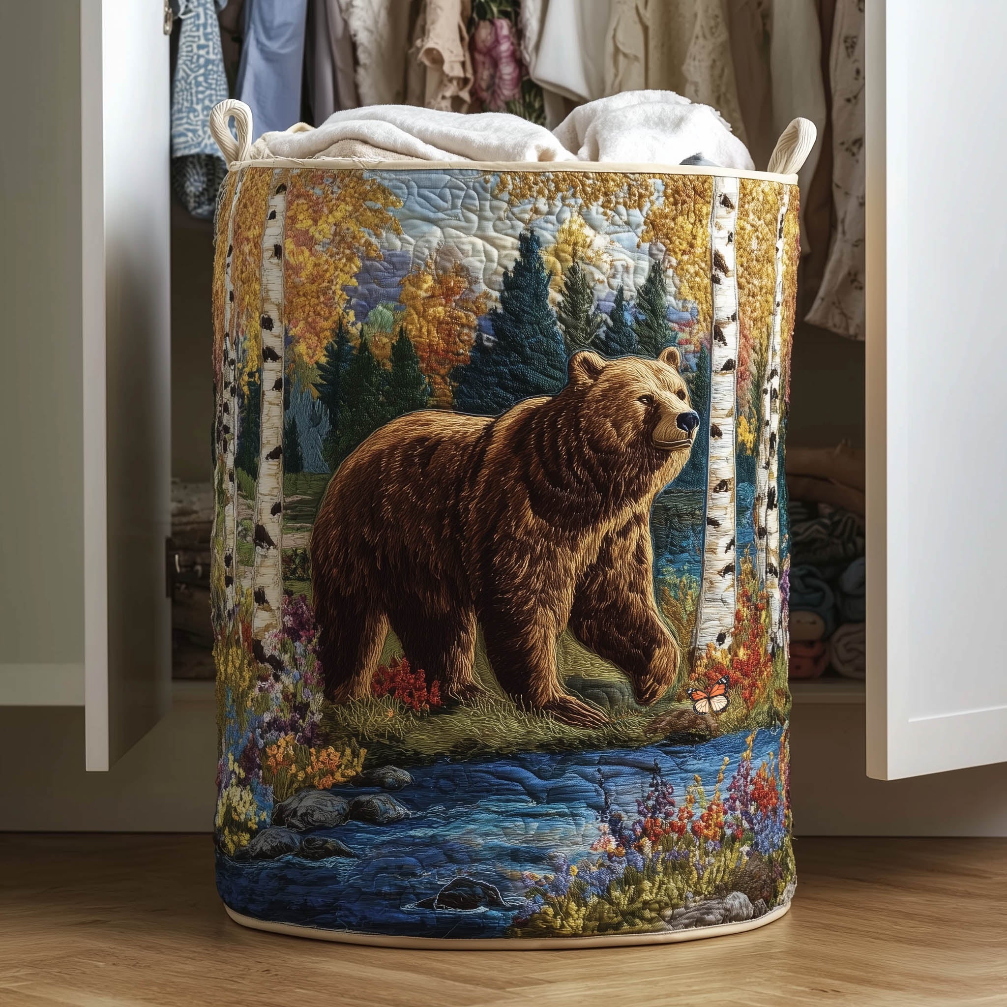 Forest Bear Quilted Laundry Basket Bear Lover Laundry Hamper Cozy Living Gift Ideas