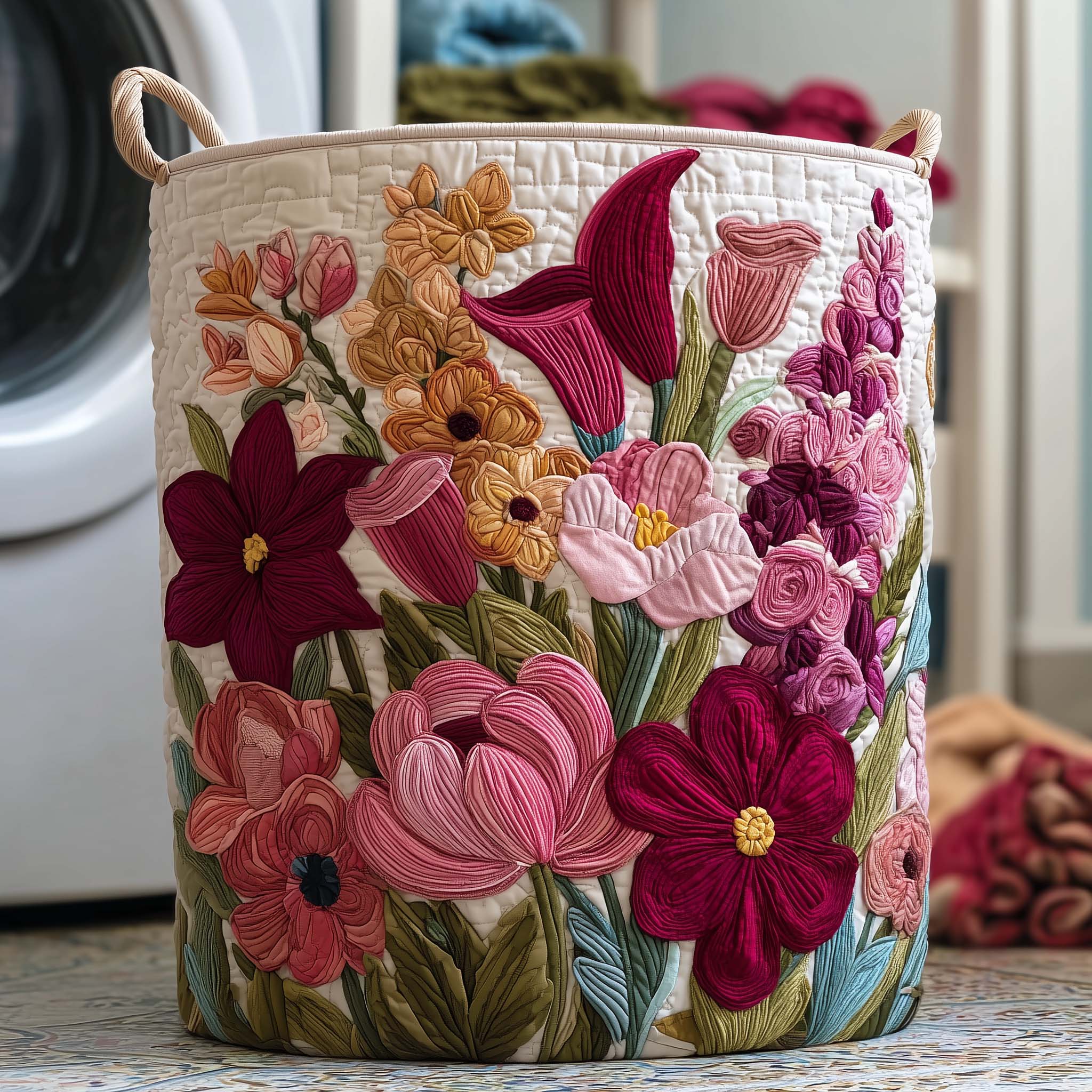Floral Garden Quilted Laundry Basket Botanical Floral Storage Basket Gift For Home Decorators
