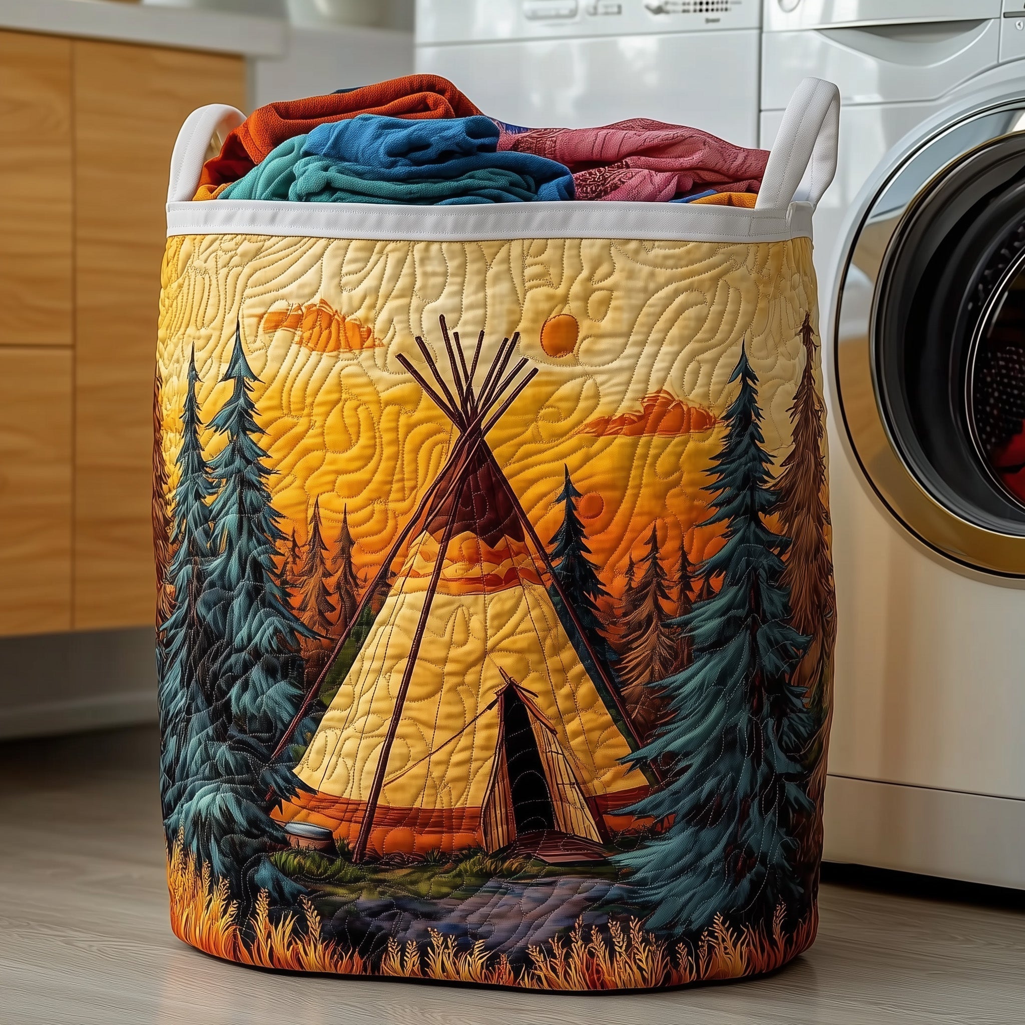 Forest Teepee Sunset Quilted Laundry Basket Forest Hamper Cozy Housewarming Gift For Her