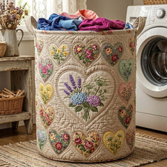 Heart Garden Quilted Laundry Basket Floral Hearts Hamper Gift For New Homeowners