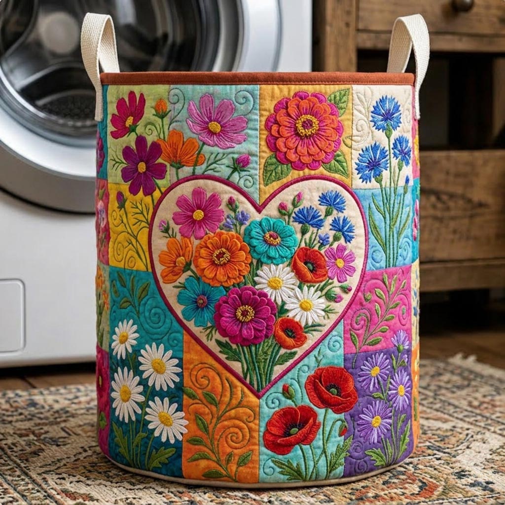 Heart Of Flowers Quilted Laundry Basket Floral Patchwork Storage Basket Room Decor Ideas