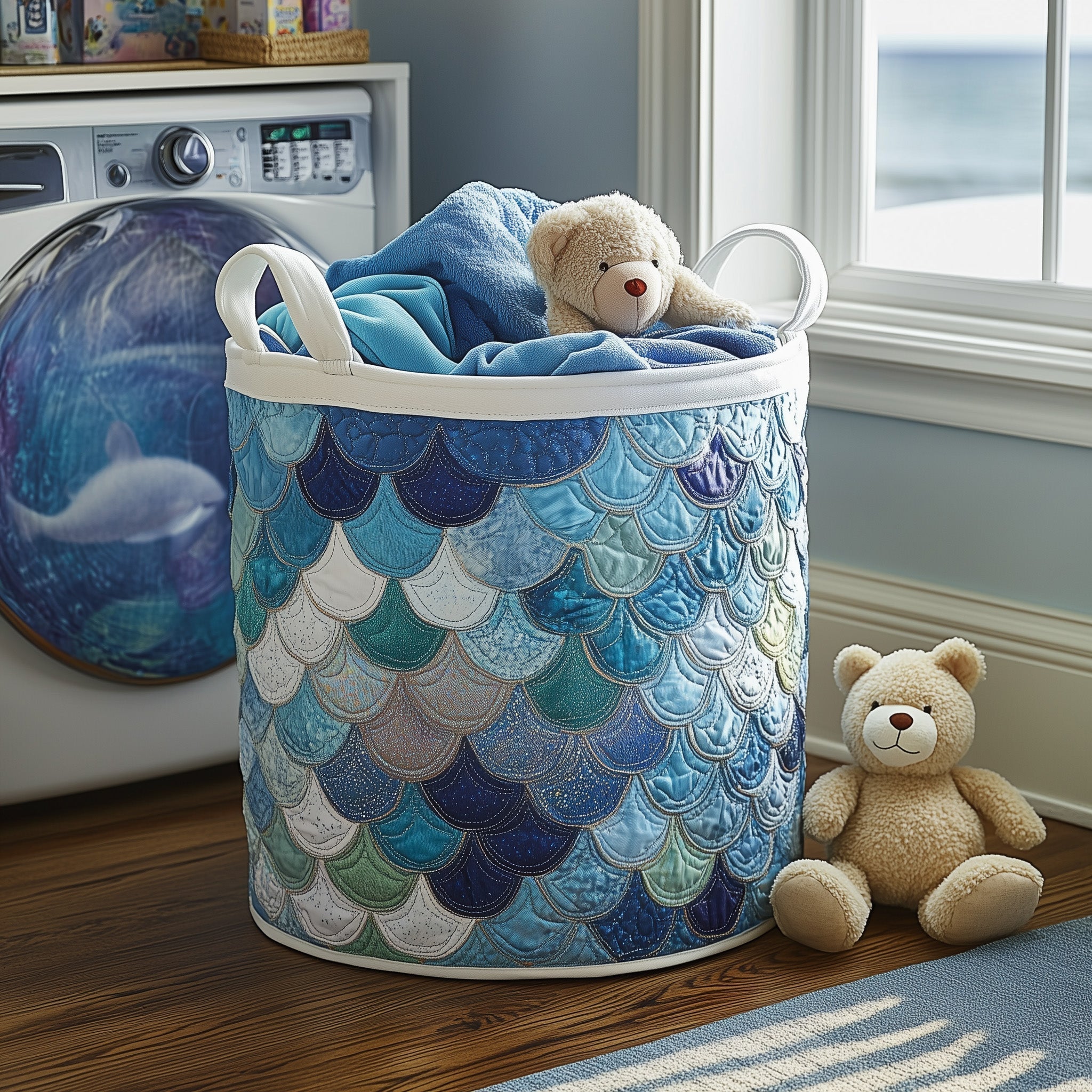 Ocean Scales Quilted Laundry Basket Mermaid Scales Clothes Hamper Best Home Decor Gifts For Mom