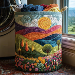 Whimsical Cottage Garden Quilted Laundry Basket Sun And Hills Clothes Hamper Home Lover Gift