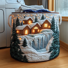 Winter Cabin Scene Quilted Laundry Basket Cozy Cabin Village Laundry Bin Unique Decor Gift
