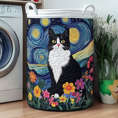 Starry Night Tuxedo Cat Quilted Laundry Basket Cat Lover Hamper Room Gift For Her