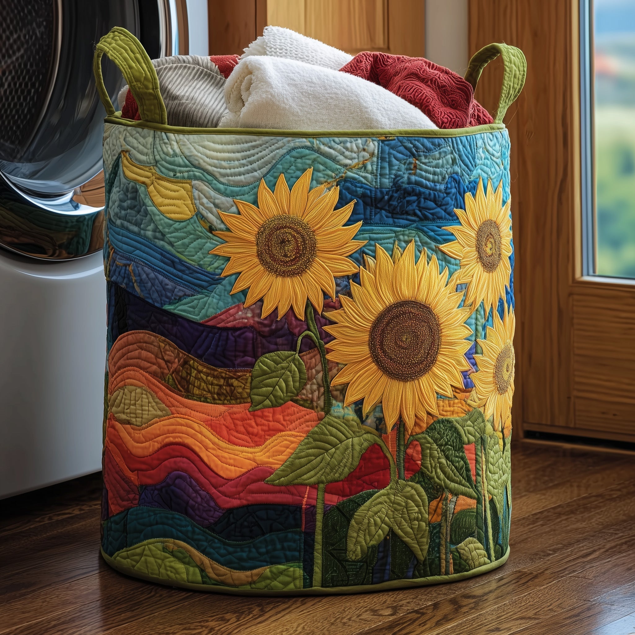 Sunflower Fields Quilted Laundry Basket Sunflower Patchwork Laundry Hamper Top Decor Gift