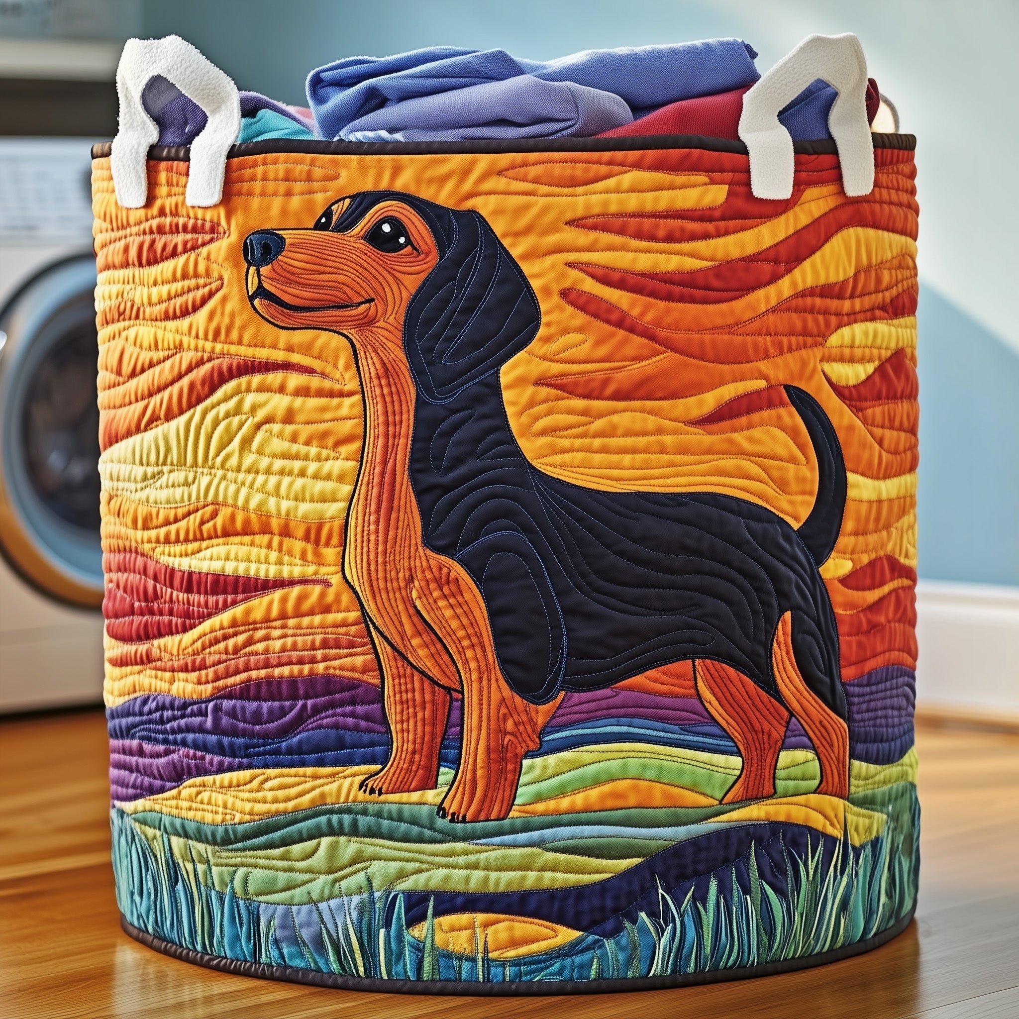 Sunset Dachshund Quilted Laundry Basket Dachshund Lover Laundry Hamper Gifts For Home Lovers