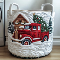 Winter Christmas Scene Quilted Laundry Basket Red Truck Christmas Clothes Hamper Cozy Gift
