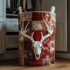 Rustic Woodland Decor Quilted Laundry Basket Deer Skull Patchwork Laundry Bin Unique Decor Gift