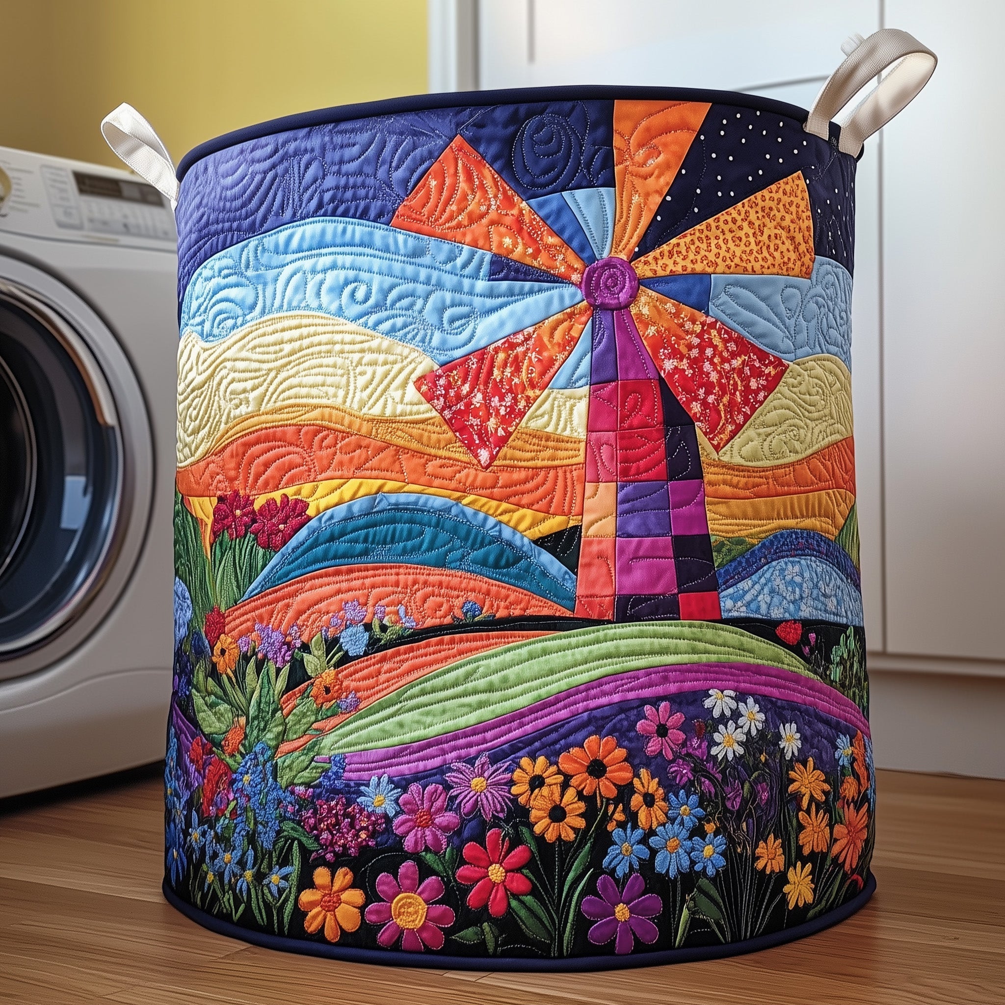 Windmill Landscape Quilted Laundry Basket Windmill Floral Laundry Hamper Room Decor Gift Ideas